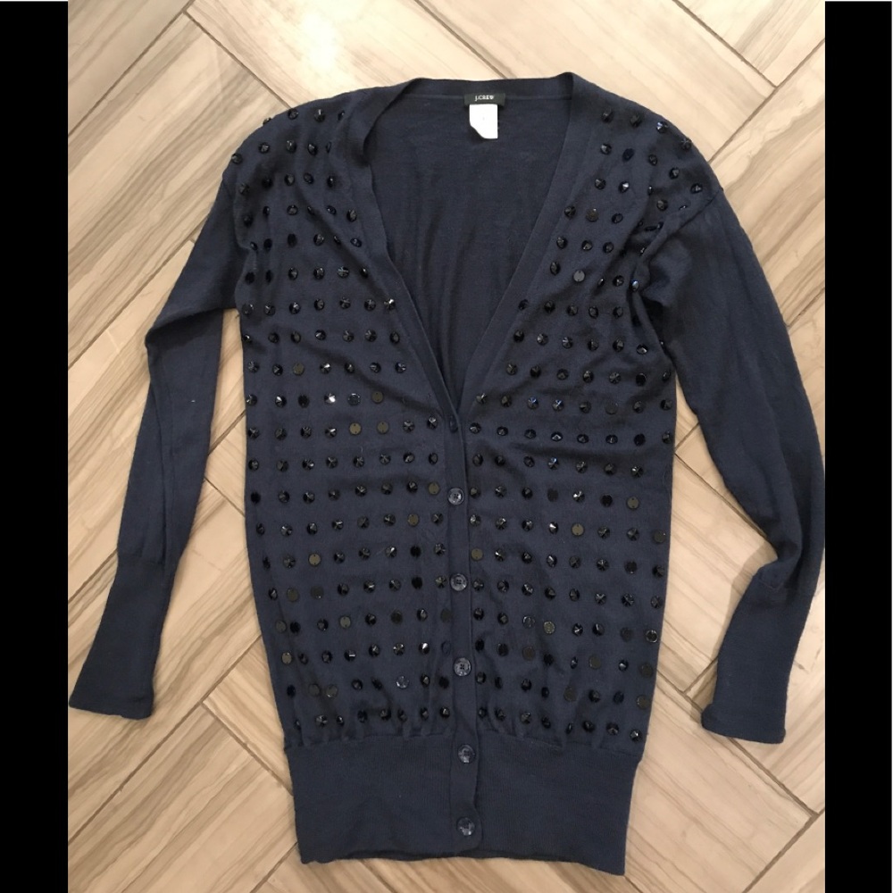 🌻2xHP!🌻 J.Crew Merino Wool Beaded MIDI V-Neck Cardigan S Navy & Black
